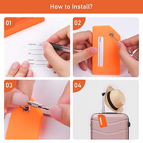 Flintronic 8 Pcs Luggage Tags, Silicone Baggage Labels, Suitcase ID Tag Set, Handbag Tag Labels Travel Accessories for Checked Luggage, Hand Luggage and Handbags - Orange — view 5
