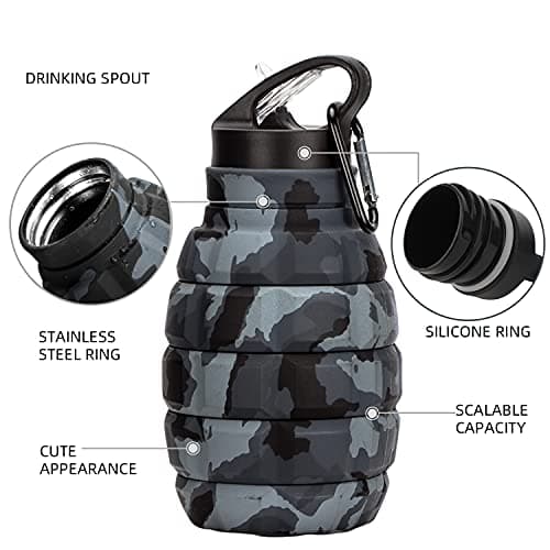 Collapsible Travel Water Bottle 19.6 oz, Reusable Silicone Collapsible Water Bottle for School, Office, Gym, Camping and Hiking, Portable Leak Proof Sports Bottle with Carabiner (Dark grey camouflage) — view 3