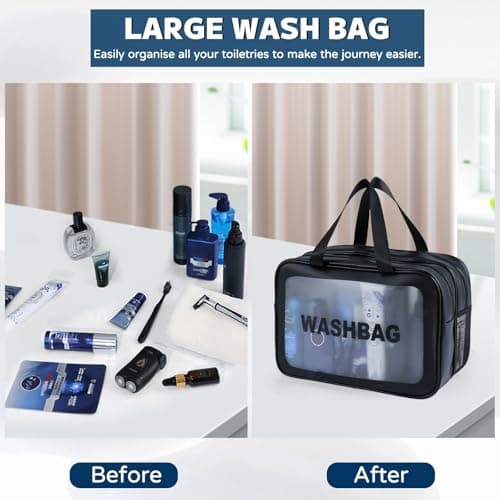 Large Clear Wash Bag, Dry Wet Segregation Toiletry Bag with Hollow Mesh Portable Makeup Bag PVC Waterproof Cosmetic Bag Travel Toiletries Bags for Women Men (Large-Black) — view 3