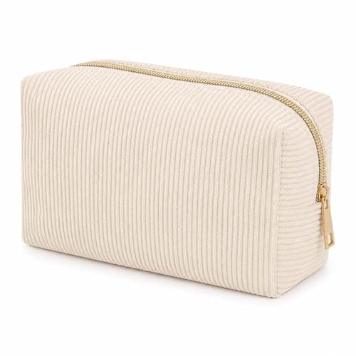 Corduroy Makeup Bag with Gold Metal Zipper & Textured Ribbed Exterior - Cosmetic Pouch for Women Travel Skincare Organisation Essentials, Compact Box Design (Beige)