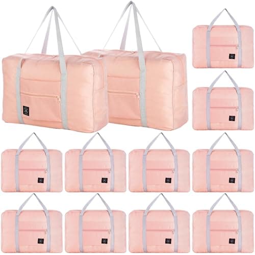 Travel Bag 12 Packes Carry on Luggage Foldable Duffel Bag Sports Gym Bag Weekender Overnight Bag Water Resistant Nylon Travel Duffel for Men Women (Pink 12PCS)