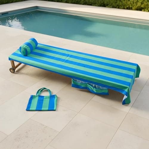 OHS Inflatable Travel Pillow Stripe Bolster Cushion, Gifts for Women Lightweight Compact Portable Back Support Pillow with Soft Microfibre Cover for Sun Loungers Poolside, Blue/Green - 36 x 16 x 16cm — view 2