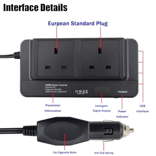 200W Portable Car Power Inverter 12V to 230V DC to AC Converter with Cigarette Lighter Plug, 2 AC Sockets 4 USB Ports Fast Charging LED Digital Display Multiple Protection for Camping Road Trips — view 3