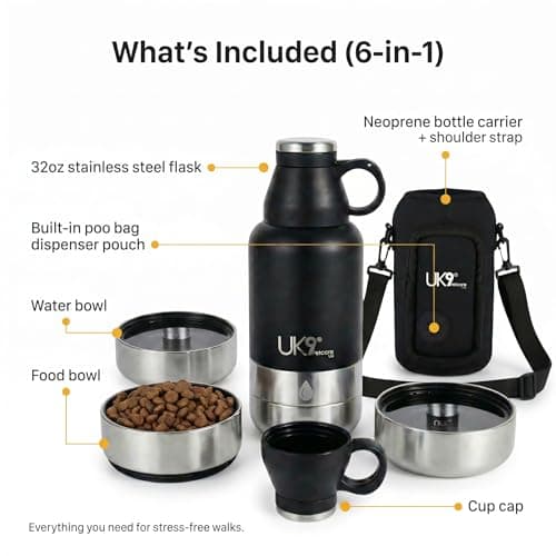 UK9 6-in-1 Dog Water Bottle | Portable 32oz Stainless Steel Travel Bottle with Water Bowl, Snack Bowl, Poo Bag Dispenser, Cup & Carry Bag | Dog Walking Accessories Kit — view 2