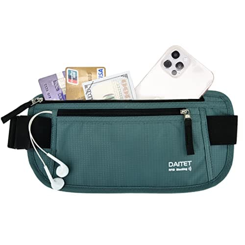 RFID Blocking Money Belt for Men Women, Slim Fanny Pack for Travel，Running,Conceal Waist Wallet for Passport Holder,Phone,Cash(Black Turquoise) — view 2