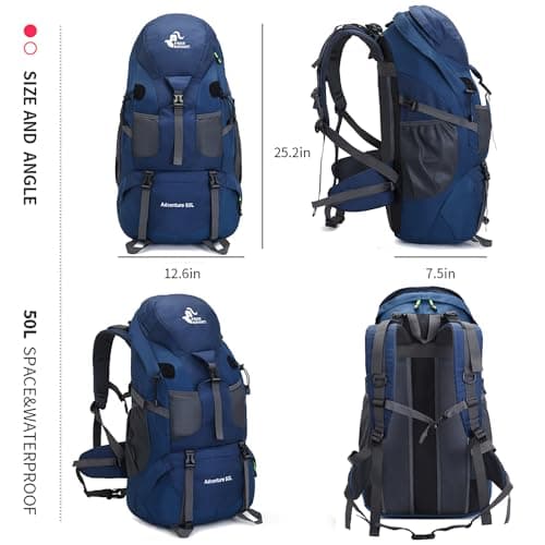 Bseash 50L Hiking Backpack, Water Resistant Lightweight Outdoor Sport Daypack Travel Bag for Camping Climbing Touring (Navy Blue - With Shoe Compartment) — view 2