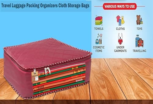 atorakushon Fabric Foldable Saree Covers Garments Clothes Storage Bag Wardrobe Organizers With Double Zip Lock For Lehenga Suit Dress Accessories 4 Pieces Maroon — view 3