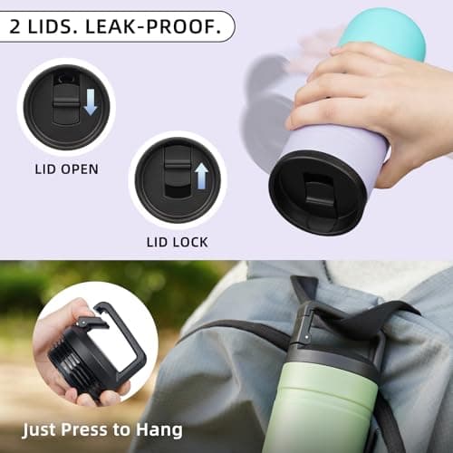 BJPKPK Insulated Water Bottle with 2 Lids,600ml Double Wall Stainless Steel Vacuum Tumbler Travel Coffee Mug,Wide Mouth Thermal Cup,Lavender Green — view 6