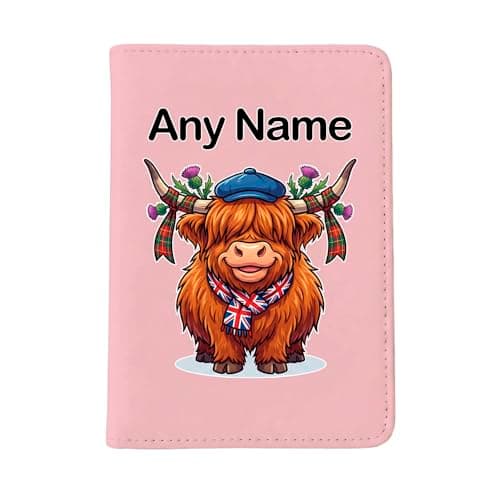 UNIGIFT Personalised Gift - Funny Highland Cow Pink Passport Holder Cover (Farm Animal Design) Custom Name Message - Cute Union Jack Scarf Flat Cap