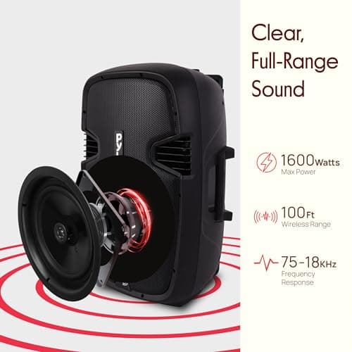 Pyle Portable PA System, Powerful Bluetooth Speaker with 2 Wireless Mics, 1600W, Trolley Handle & Wheels, Long Battery Life, Enhanced Audio for Karaoke, DJs, Events & Public Speaking — view 2