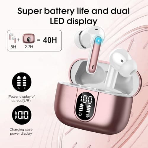 Csasan Wireless Earbuds, Bluetooth 5.3 Headphones In Ear with 4 ENC Noise Cancelling Mic, 2025 Mini Deep Bass Stereo Ear Buds, 40H Playtime Bluetooth Earphones, IP7 Waterproof Earbuds, Rose Red — view 5