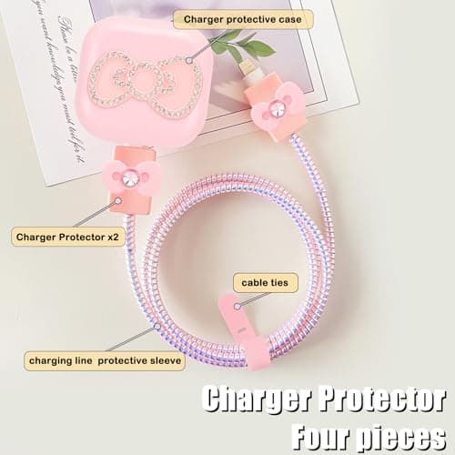 DiyGody Protector Set Compatible for iPhone 18/20W Charger Plug, Phone Charger Protective Cover for UK Apple Type-C/L Power Adapter, Data Cable Case Wire Saver with Cute Bow Tie Design for Girls, Pink — view 4