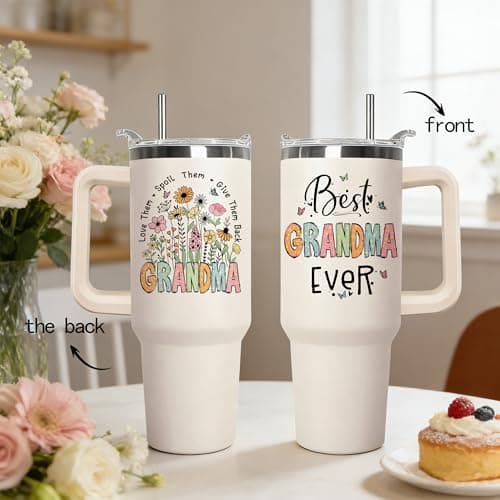 wmvhdiw 30 oz Tumbler with Handle & Straw, Vacuum Insulated Stainless Steel Water Bottle, Best Grandma Ever Floral Travel Mug, Mothers Day Gifts from Daughter Son Kids, Birthday Gifts for Grandma — view 6