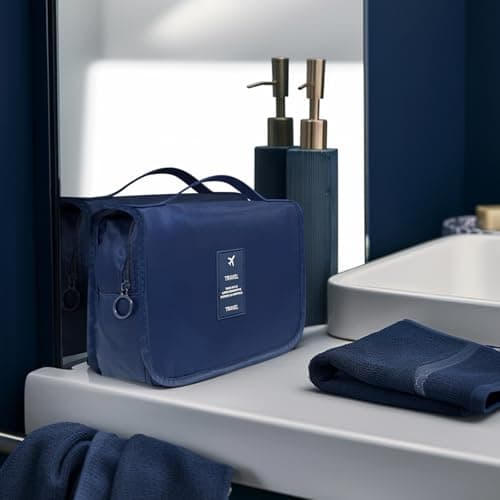 Travel Cosmetic Bag, Hanging Cosmetic Bag for Women, Personal Toiletries Organizer, Travel Bathroom Accessories Organizer with Hooks, Navy Blue — view 3