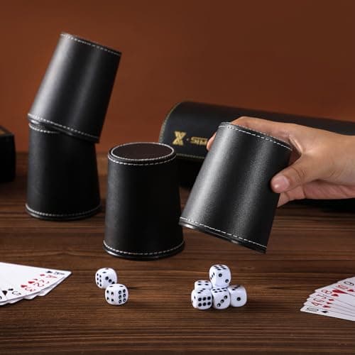 X SIM FITNESSX Leather Dice Cup Set, 5 Black Leather Dice Cups + 25 Dice + Exclusive Storage and Transport Case Made of Faux Leather with Magnetic Closure — view 4