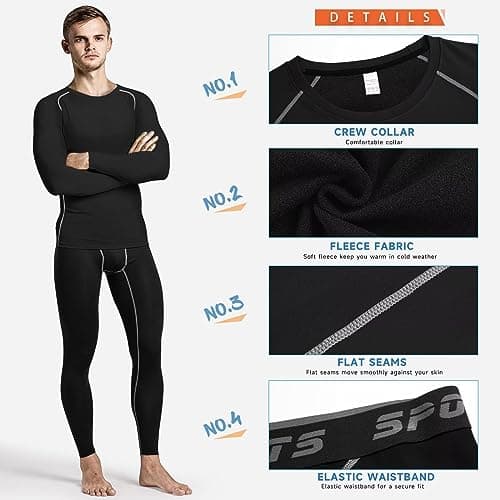 Sillictor Thermal Underwear Mens Long Johns Sets Winter Fleece Lined Top and Bottoms Quick Dry Compression Ski Base Layer Mens Underlayer for Football Cycling Hiking,Sweat Wicking 35 35 Black S — view 5