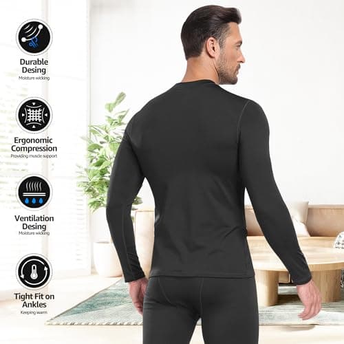 UNIQUEBELLA Mens Thermal Underwear Long Sleeve Tops Thermal Base Layer Bottom Fleece Lined Quick Drying, Black Tops, S — view 3