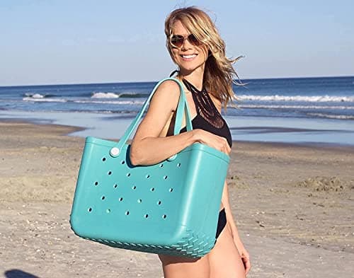 Oversized Rubber Beach Bags, Waterproof Tote, Portable Travel Bags Washable Handbag for Beach Sports (Rose Red, Medium) — view 2