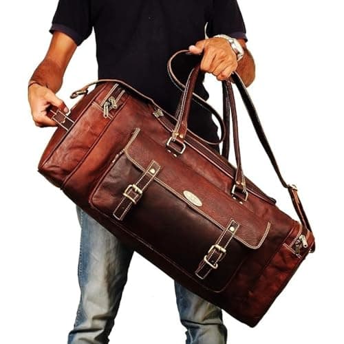 Hulsh Leather Duffle Bags for Men 24 Inch | Vintage Brown Genuine Leather Travel Bags for Mens Overnight Weekend | Best Full Grain Leather Luggage Duffel Carry On Weekender Sports Gym Bag for Women — view 3
