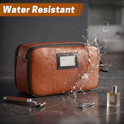 SWISSELITE Leather Toiletry Bag for Men, Water Resistant Dopp Kit for Toiletries Accessories with Wet/Dry Separation, Travel Essentials Shaving Bag Bathroom Organizer for Travel Gym Dorm (Brown, L) — view 3