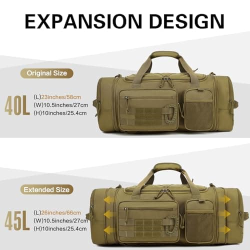 Tonruyn Tactical Duffle Bag Backpack for Men 40-45L Expandable Military Travel Duffel & Sports Holdall Gym Bag with Shoe Compartment Wet Pocket Medium Weekender Overnight for Camping Luggage, Brown — view 2