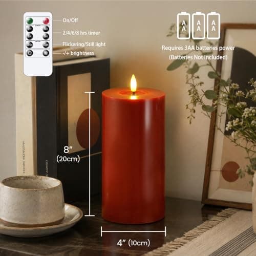 Zevanor Flameless Flickering 10cm x20cm Real Wax Burgundy Remote LED Candles with Candle Grease, Pack of 2 Timer Battery Operated Fake Warm Light Pillar for Home, Banquet, Ceremony Decoration — view 2