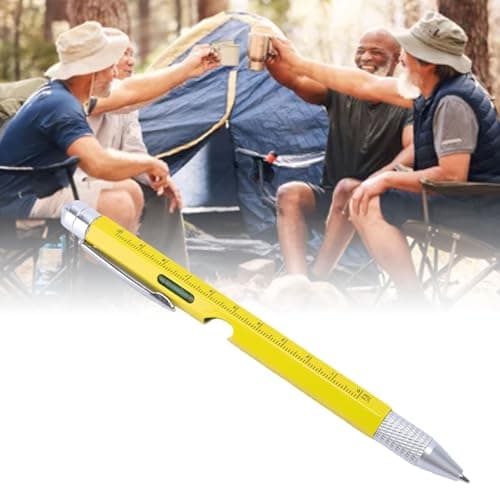 Keenso Multitool Pen, Iron 9 in 1 Multitool Pen with LED Light Screwdrivers Level Ruler Bottle Opener Stylus, Built in LR41 Batteries, for Men Dad Home Office Travel (Yellow) — view 4