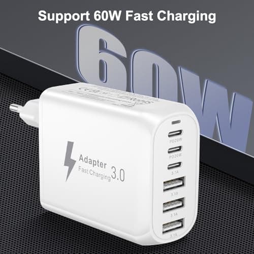 EU Travel Adapter Charger, European Plug Adapter Fast Charging with 3 USB C+3 USB A, 60W European Wall Adaptor EU Adaptor Plug Fast Charger Compatible with iPhone 17 16 15 14 13 12, Samsung Galaxy S25 — view 6