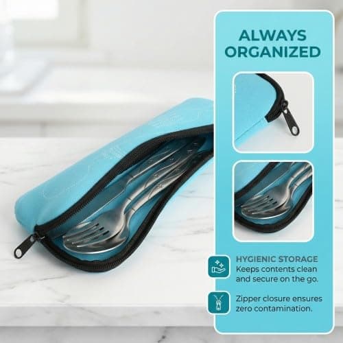 3-Piece Camping Cutlery Set with Portable Pouch - Stainless Steel Travel Knife Fork Spoon Set with Neoprene Case for Outdoor Picnic, Hiking, Office Lunch, School - Sky Blue — view 4