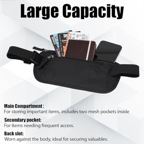 RFID Blocking Money Belt for Travel Hidden Men Women - Ultra-Slim Hidden Waist Pack & Bum Bag, Waterproof Fanny Pack Money Bags for Passport, Cash, Phone & Cards (Black) — view 5