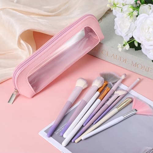 Small Clear Makeup Bag, PU Leather Travel Makeup Brush Bag Portable Transparent Waterproof Cosmetic Organizer Pouch with Zipper for Women Home Travel Office Cosmetic Storage (Pink) — view 4