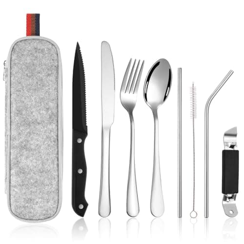 HOTUT Travel Cutlery Set with Portable Pouch Case, 9 Pcs Camping Cutlery Set with Bottle Opener Straw Spoon Knife Fork, Stainless Steel Flatware Set Portable Utensils for Outdoor Travel Picnic Office