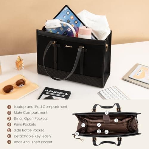 LOVEVOOK Laptop Bags for Women 15.6 Inch, Ladies Handbags for Work Business, Womens Large Tote Bag, Leather Shoulder Bag with Clutch Lightweight for Office Business School College Shopping, Black — view 4