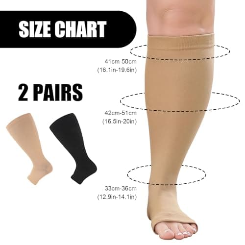 2 Pack Flight Socks for Women Large Calves, Plus Size Wide Calf Compression Socks, Toeless Open Toe Compression Socks for Women - For Support Flight Travel Pregnancy 20-30 mmhg 3XL (Black skin color) — view 4