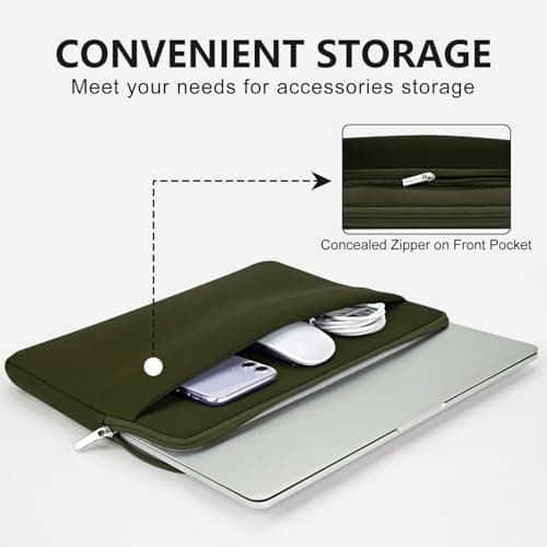 HEDUGO Laptop Sleeve Bag Compatible with 15.6 inches HP Acer Asus Lenovo Notebook with Zipper Accessory Pocket Padded Computer Pouch Cover Shockproof Protective for 15.6” Laptop,Army Green — view 3