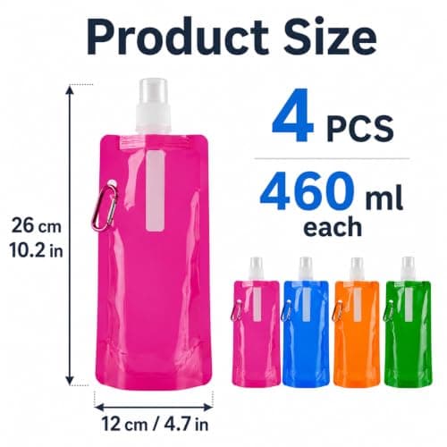 Tinminx 4 Pcs Collapsible Water Bottles, 480 ml Foldable Reusable Plastic Drinking Bottles with Metal Clip, Roll-Up Travel Water Pouches for Hiking, Camping, Cycling and Outdoor Sports — view 2