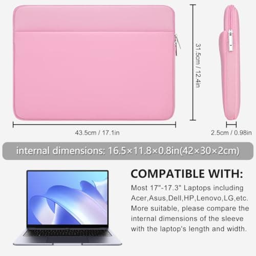 HEDUGO Laptop Sleeve Bag Compatible with 17 to 17.3 inches HP Lenovo Asus Acer Notebook with Zipper Accessory Pocket Padded Computer Pouch Cover Shockproof Protective for 17” Laptop, Pink — view 5