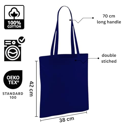 Wonky Line Premium Cotton Tote Bag, Eco-Friendly Shopping Bag, 100% Cotton Canvas, Reusable Grocery Cloth Bag, Extra Strong Long Handle Double Stitched Ideal for Printing (Navy) — view 5