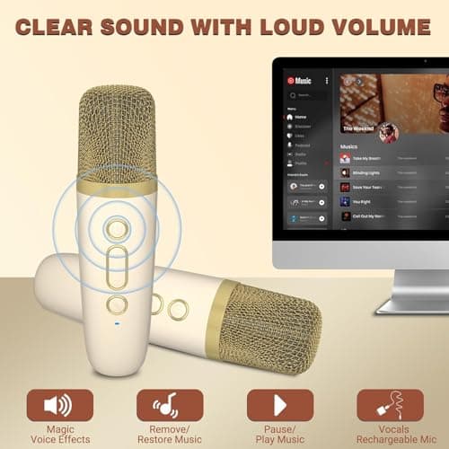 GOHAPHE Karaoke Machine for Kids, Rechargeable Mini Karaoke Machine with 2 Microphones and Voice Changing Effects, Bluetooth Karaoke Speaker for Party, Home, KTV, Travel (Beige) — view 6