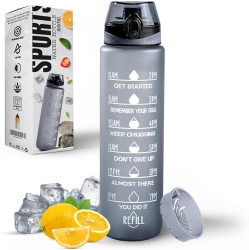 Roe Tenpo Water Bottle 1L, Sports Water Bottle with Time Markings, BPA-Free, Leak-Proof Drinks Bottle, Perfect for Running, Cycling, Gym, Yoga, Camping and Outdoor Activities, Grey