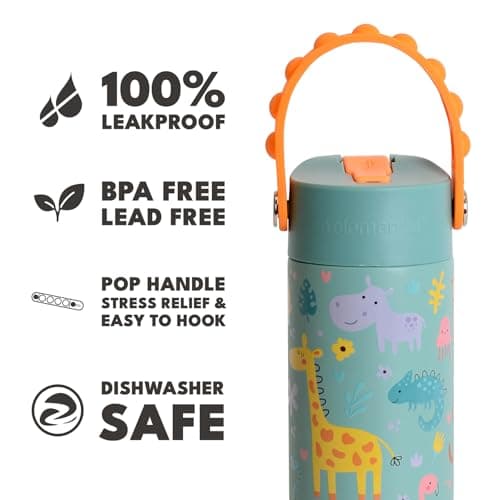 Elemental Insulated Kids Water Bottle, Stainless Steel Water Bottle with Straw Lid & Pop-It Handle, Leak-Proof Water Bottles for School, Boys or Girls, Travelling and Sports, 530ml - Safari — view 6