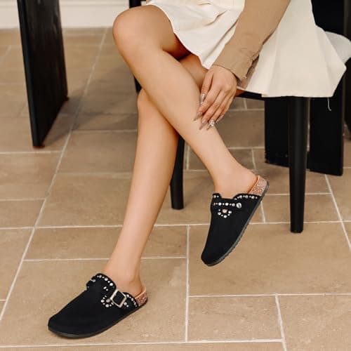 YorFotMae Suede Clogs Men Women, Cork Footbed Sandals with Buckle, Black — view 3
