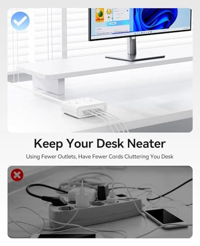 ORICO Flat Extension Lead with USB Slots, 2 Way Socket Outlets with 4 USB Ports(2 USB C & 2 USB A), 1.6m Extension Cord, Desk Power Strip for Travel, Office, Home (White) — view 3