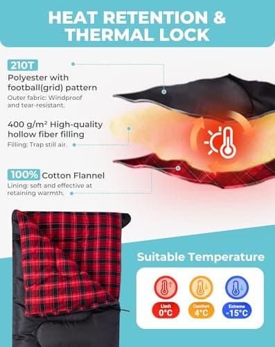 KingCamp Flannel Sleeping Bag for Adults, 3-4 Season Warm Black — view 3