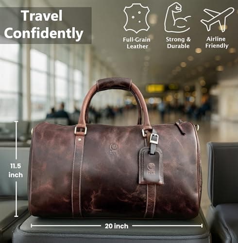 Leather Holdall Bags for Men - Travel Overnight Duffle - Weekend Carry On Suitcase - Underseat Flight Cabin Duffel Bag, Mulberry — view 3