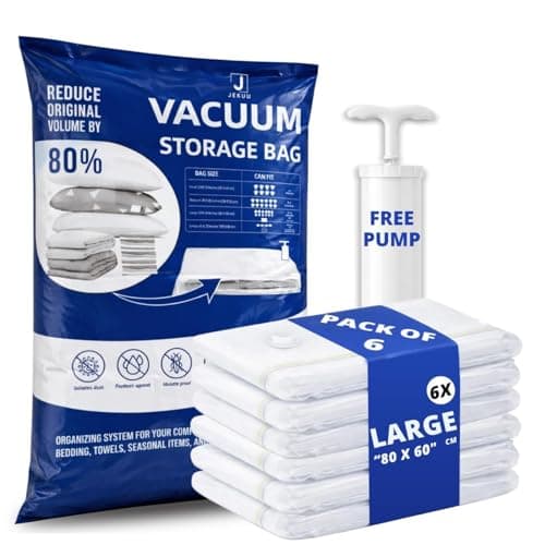 JEKUU Pack of 6 (Large) Space Saver Vacuum Storage Bags with Hand Pump & Airtight Valve, Vacuum Compression Bags for Clothes, Bedding, Travel, Suitcase Storage, Duvets (6, Large)