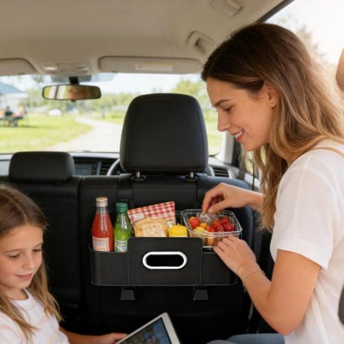 Leather Backseat Storage Box- Spill-Proof Seat Hanging Organizer, Snack & Drink Travel Pouch, Charger & Electronics Pocket, Van & Road Trip Utility Accessory | Sleek Interior Protection For Car Travel — view 4