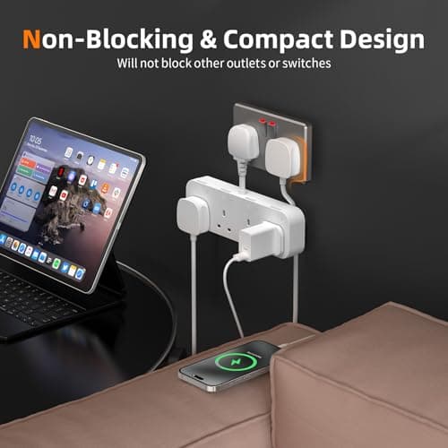 Multi Plug Extension Socket 4 Way with Flexible Plug, 4 Gang Plug Adapter UK with Individual Switches, Short Small Extension Adaptor for Home, Kitchen. White — view 3