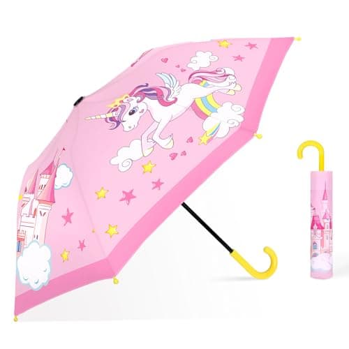 Decalsweet Kids Umbrella Unicorn Castle Stick Folding Umbrella Safety Open