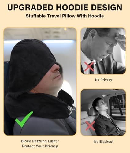 Lulttihy Stuffable Travel Neck Pillow with Hood, Soft Velvet Fabric,Black — view 2